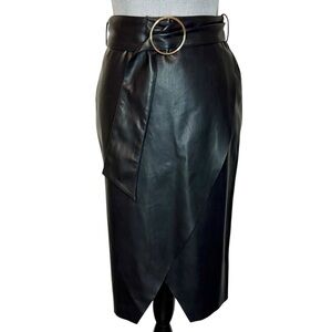 Boohoo Black Faux Leather Wrap Midi Skirt w/ O-Ring Belt